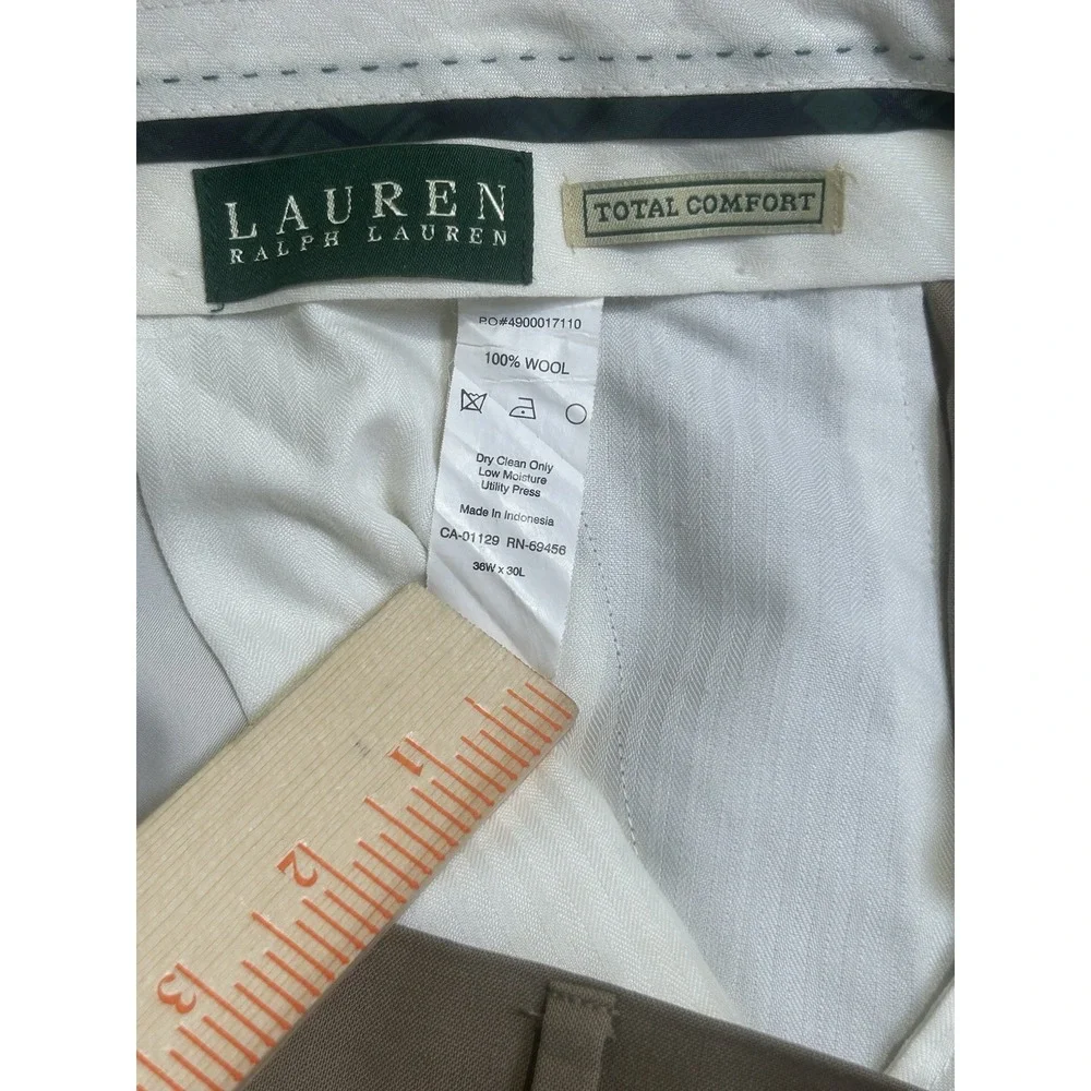 Ralph Lauren 100% Wool Pants Men's 36 x 30 Total Comfort Lightweight Cuffed‎ Tan